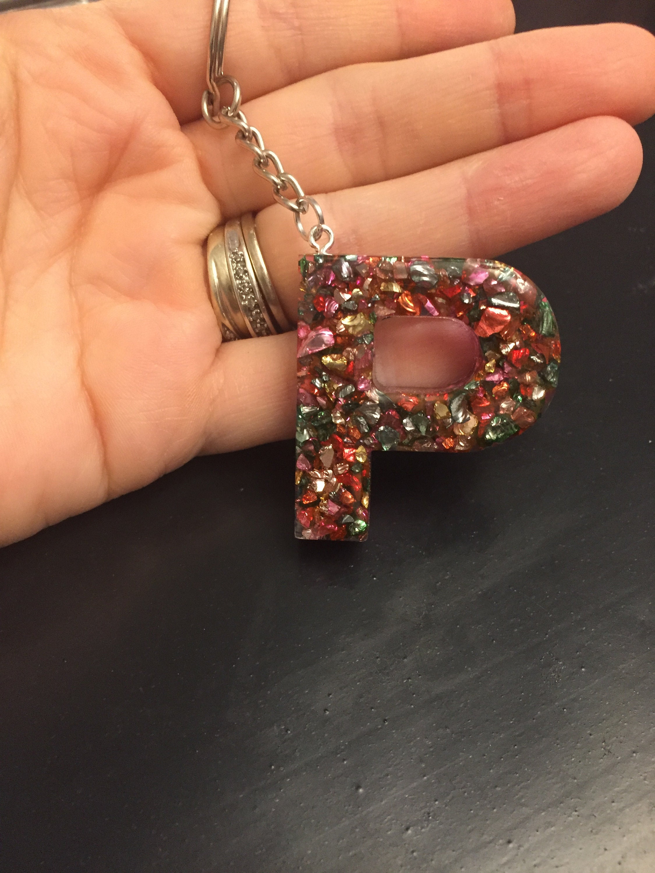 Letter P with colourful shards on a silver keychain/keyring Etsy
