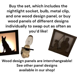 May include: The image showcases a nightlight set with interchangeable wood design panels. The set includes a nightlight socket, bulb, and metal clip. Two wood panels are visible, one with a dog silhouette and the other with a fishing scene. Text on the image encourages customers to buy the set.