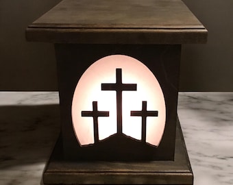 Solid Wood Night Light or Accent Table Lamp with Three Crosses Design, Easter, Christian, Religious Decor, Pastor or Wife Gift, Rustic Lamp
