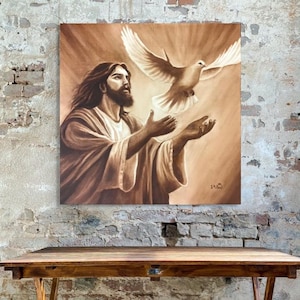 Jesus and White Dove Original Oil Painting, Christian Artwork, Religious Wall Decor, Monochromatic Art, Prince of Peace, Biblical Art