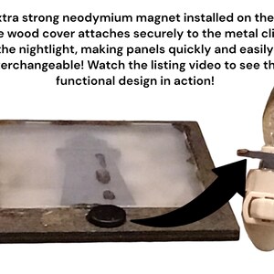 May include: A nightlight with a rectangular wooden cover featuring a lighthouse image. The nightlight has a white base with a bulb and a switch. The text on the image says, "The extra strong neodymium magnet installed on the back of the wood cover attaches securely to the metal clip on the nightlight, making panels quickly and easily interchangeable! Watch the listing video to see this functional design in action!"