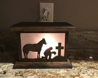Rustic Solid Wood Nightlight, Lantern or Accent Table Lamp - Cowboy and Horse - Western Decor, Farmhouse, Horse Lover Gift, Cowboy Aesthetic