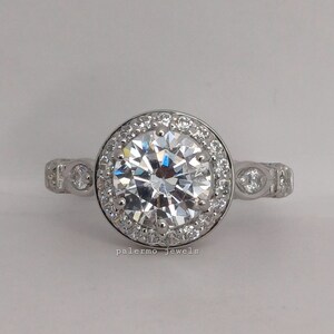 Sparkling Round Moissanite Ring with Diamond Accents - Vintage Inspired, 14k White Gold Anniversary Ring, Gifts for women,