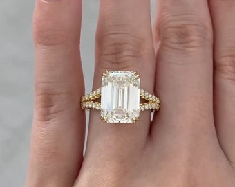 Smaragdschliff Diamant Halo Verlobungsring für Frauen 14K Gelbgold Moissanite Diamant Ehering Versprechen Solitär Ring Geschenk für sie