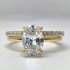 2 Ct Oval Cut Moissanite Engagement Ring Set in Yellow Gold Unique Prong setting Promise Ring set for Bridal Set