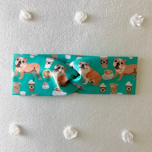 English Bulldog Knotted Headband, Dog Lover Gift, Holiday Gift, Dog Mom, Gift For Her, Barista Gift, Headband For Women, Iced Coffee Lover