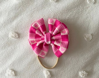 Valentines Day Hair Bow, Pink Heart Gingham Hair Bow, Hair Accessory, Soft Bows, Toddler-Girls, Barbie Bow, Nylon Headband, Baby Shower Gift
