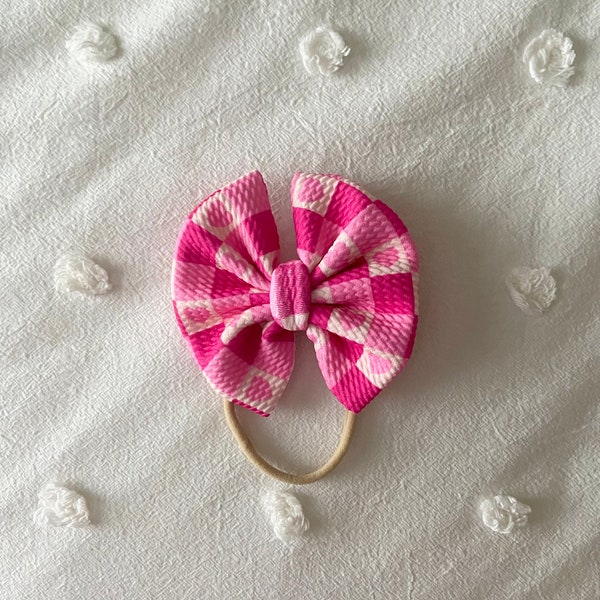 Valentines Day Hair Bow, Pink Heart Gingham Hair Bow, Hair Accessory, Soft Bows, Toddler-Girls, Barbie Bow, Nylon Headband, Baby Shower Gift