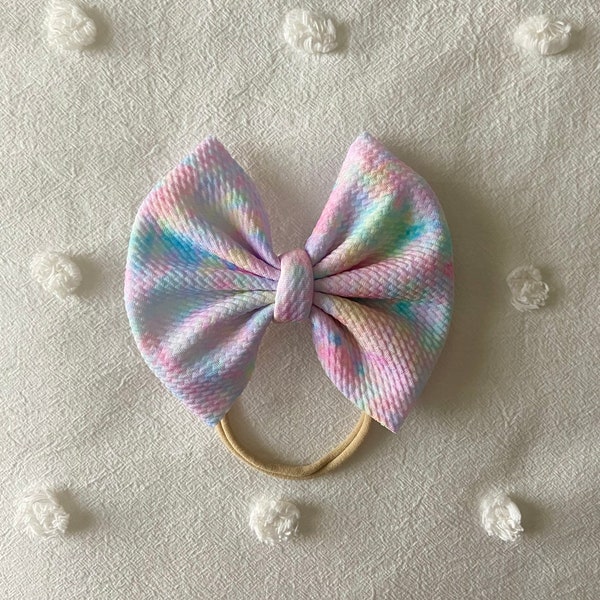 Pastel Tie Dye Bow, Birthday hair bow, Stretchy Nylon Headband, Baby Girl Hair Accessories, Birthday Gift, Rainbow Baby Bow,Baby Shower Gift