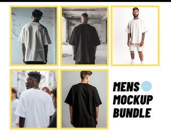 Schweres übergroßes T-Shirt für Herren AS Farbe 5080 Mockup Bundle Schwarz, Weiß Streetwear Übergroßes T-Shirt Mockup Young Men Man Mockup Bundle - 5 Mockups