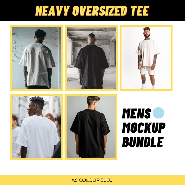 Men's Heavy Oversized Tee AS Colour 5080 Mockup Bundle Black, White Streetwear Oversized Tee Mockup Young Men Man Mockup Bundle - 5 Mockups