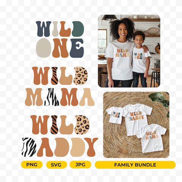 Wild Mama One Dady Safari Animals svg pmg, Animales bebés, 1er cumpleaños Wild Family Camiseta svg Diseño de sublimación, Descarga digital instantánea