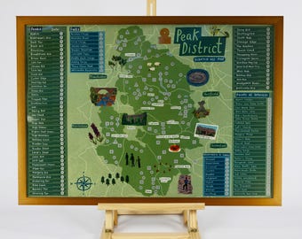 Peak District Map Scratch Off Poster - 100 Locations to Explore - Gift for Walkers - The Best Peaks, Waterfalls and PoI - A2 Size