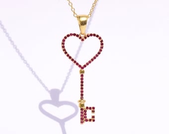 Heart Key Necklace, Gold Plated key Pendant, Heart Key Pendant, Gold Key Necklace, Gift Idea, Key Charm Necklace, Gift for Her