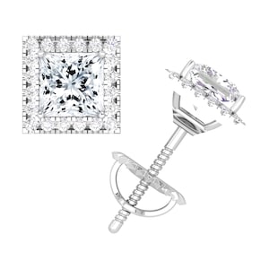 1CT Moissanite Halo Stud Earrings, Princess Cut Halo Studs, 0.5ct-2ct D Color VVS1 Clarity, Lab Grown Diamond Moissanite, Earrings For Her