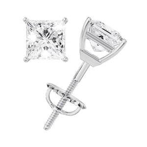 Princess Moissanite Stud Earrings, 0.5ct-3ct D Color VVS1 Clarity 14K White Gold Plated 925 Sterling Silver Moissanite Earrings For Women