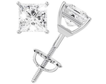 Princess Moissanite Stud Earrings, 0.5ct-3ct D Color VVS1 Clarity 14K White Gold Plated 925 Sterling Silver Moissanite Earrings For Women