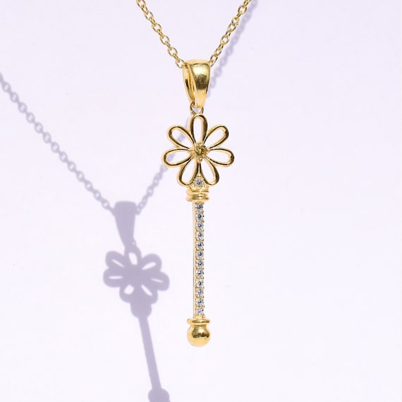 Key Pendant, Flower Key Necklace, Lucky Flower Key Charm Pendant