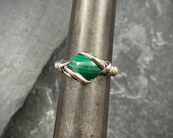 Handmade Recycled Sterling Silver Ring with Malachite ~ Hawai'i Made Wire Wrap Ring ~ Custom sizing available