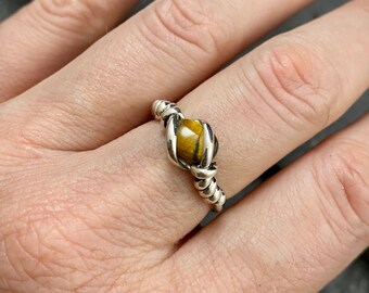 Handmade Recycled Sterling Silver Ring with Tiger's Eye ~ Hawai'i Made Wire Wrap Ring ~ Custom sizing available