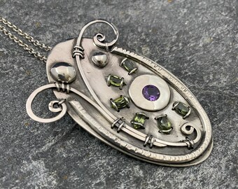 Handmade Recycled Sterling Silver Necklace with Peridot and Amethyst ~ Unique Bold Necklace Crafted by Hand in Hawaii