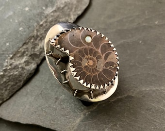 Handmade Sterling Silver Ring with Fossilized Ammonite and Opal ~ Unique Statement Ring Made in Hawai'i