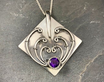 Recycled Sterling Silver Pendant with Deep Purple Amethyst ~ Handmade .925 Unique Necklace ~ Made in Hawai'i
