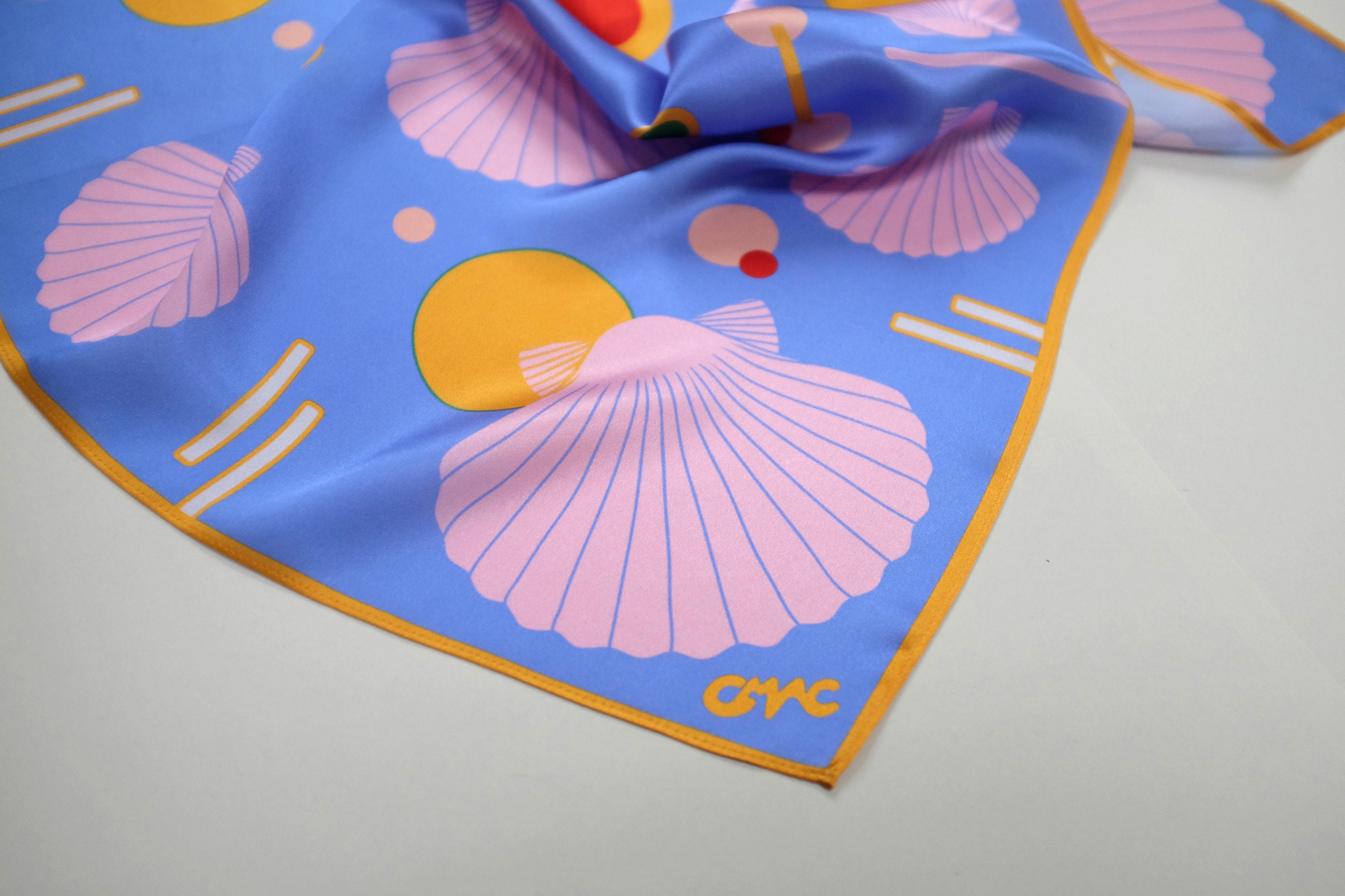 Hand Illustrated Silk Scarf, 'SEA SHELLS Blue and Pink', 100% Silk ...
