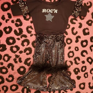 Baby toddler Girl's rock star sequin fur bell bottom pants ruffle top