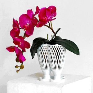 May include: A pink orchid plant in a white, modern, geometric planter. The planter has a unique design with a lattice pattern.