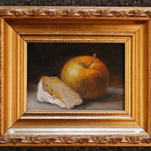 Pintura a óleo em miniatura de queijo e maçã