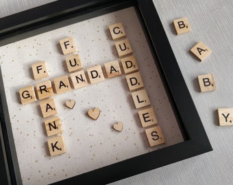 Personalised Family Scrabble Frame Christmas ,including Pets , Weddings , Birthdays ,Valentines and Anniverary