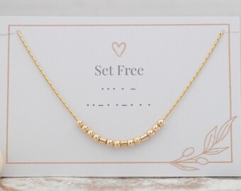 Collar de código Morse "Liberación": regalo de recuperación en plata de ley u oro, collar de cuentas