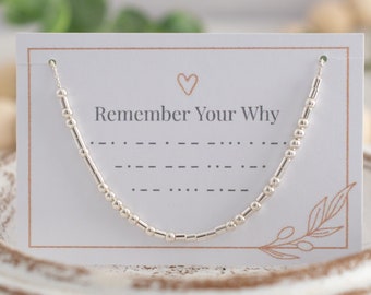 Collar con código Morse "Recuerda tu porqué": Diseño de cuentas de plata esterlina o chapado en oro