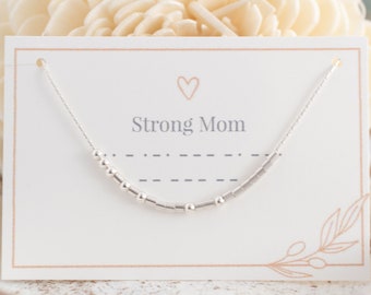 Strong Mom Morse Code Necklace: Sterling Silver, Gold Filled