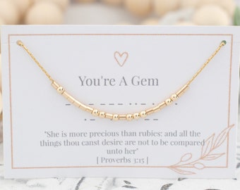You're A Gem Morse Code Necklace • Scripture Jewelry • Christian • Personalized Bible Verse • Proverbs 3:15 • Secret Message • Baptism Gift
