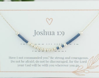 Joshua 1: 9 Morse-Code-Halskette • Personalisierte versteckte Nachricht • Bibel-Vers-Schmuck • Zierlicher Schmuck • Stärke Halskette • Farbige Perlen