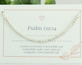 Collar con código Morse del Salmo 139:14 • Joyas bíblicas • Joyas cristianas • Joyas personalizadas • Temible y maravillosamente • Mensaje secreto