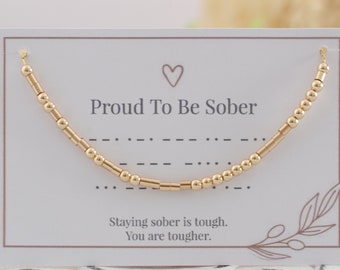 Collar con código Morse "Orgulloso de estar sobrio" • Regalo de recuperación de NA AA OA • Regalo para mujer fuerte • Regalo de sobriedad • Mensaje secreto • Hito de recuperación