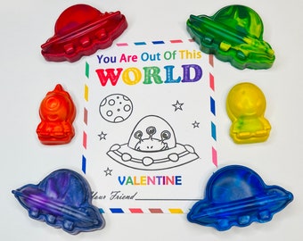 Valentine You Are Out Of This World - Alien Spaceship Shaped Crayon with Card, Preschool Valentine, Valentine's Day Classroom Exchange