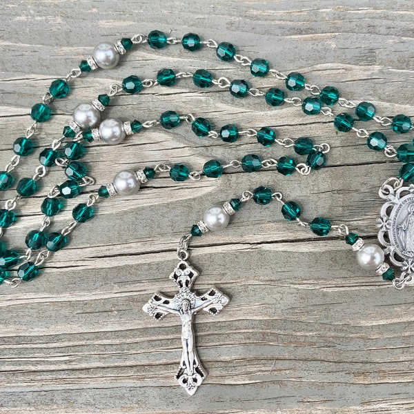Emerald May Birthstone Personalized Heirloom Catholic Swarovski Crystal Rosary - First Communion Gifts, Confirmation Gifts, RCIA Gift