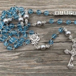 Aquamarine March Birthstone Personalized Heirloom Swarovski Crystal Catholic Rosary - Baptism, First Communion Gifts, Confirmation Gifts