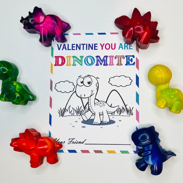 Valentine You Are Dinomite - Dinosaur Shaped Crayon with Card, Preschool Valentine, Valentine's Day Classroom Exchange