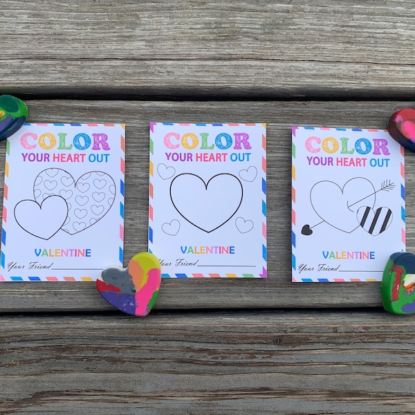 Color Your Heart Out Valentine - Heart Shaped Crayon with Card, Preschool Valentine, Valentine's Day Classroom Exchange,