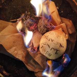 Puede incluir: Una cebolla blanca con escritura en ella se quema en una olla de metal con papel marrón y llamas. La escritura en la cebolla dice "Solo soy un poco de diversión".