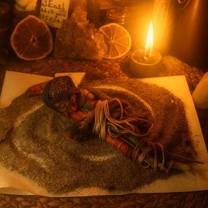 May include: A mystical scene with lit candles, dried orange slices, and a small statue. A central focus is a wrapped bundle with string, surrounded by dark grains on a paper. The ambiance is warm and inviting.