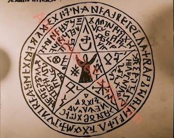 May include: A hand-drawn black and white pentacle design on aged paper. The central star contains a figure and symbols, surrounded by a circular inscription. The names "MICHAEL", "RAPHAEL", and "URIEL" are written on the image.