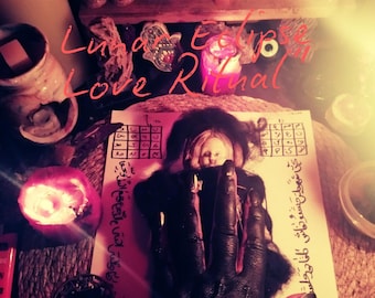 May include: An image of a ritual setup with candles, a doll, and a hand covered in black paint. The text "Luna Eclipse Love Ritual" is written in pink. The Etsy shop name "Anatoliaspell.etsy.com" is also visible.