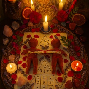 May include: A mystical arrangement featuring candles, crystals, and dried flowers. Two red dolls are connected by a string, placed on a paper with symbols. The scene is illuminated by candlelight, with a portrait of a woman in the background.
