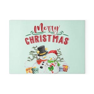 Christmas Snowman Glass Cutting Board - Holiday Kitchen Decor, Festive SnowCouple Cooking Utensil, Winter Serving Platter, Gift